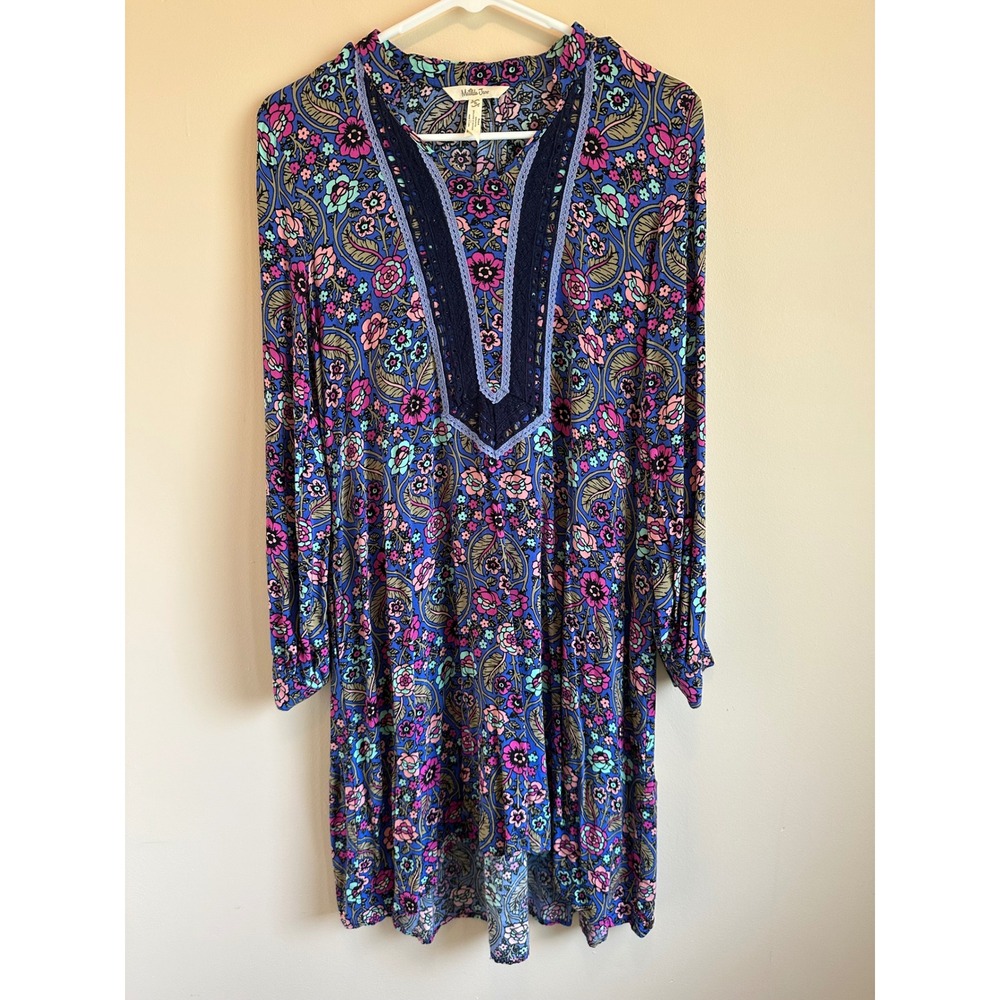 Matilda Jane Floral High Low Dress Blue Pink‎ Long Sleeve Lace Trim Womens Small